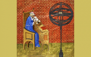 Mittelalterliche Miniatur des Nikolaus von Oresme aus dem Buch Traité de l'espère
